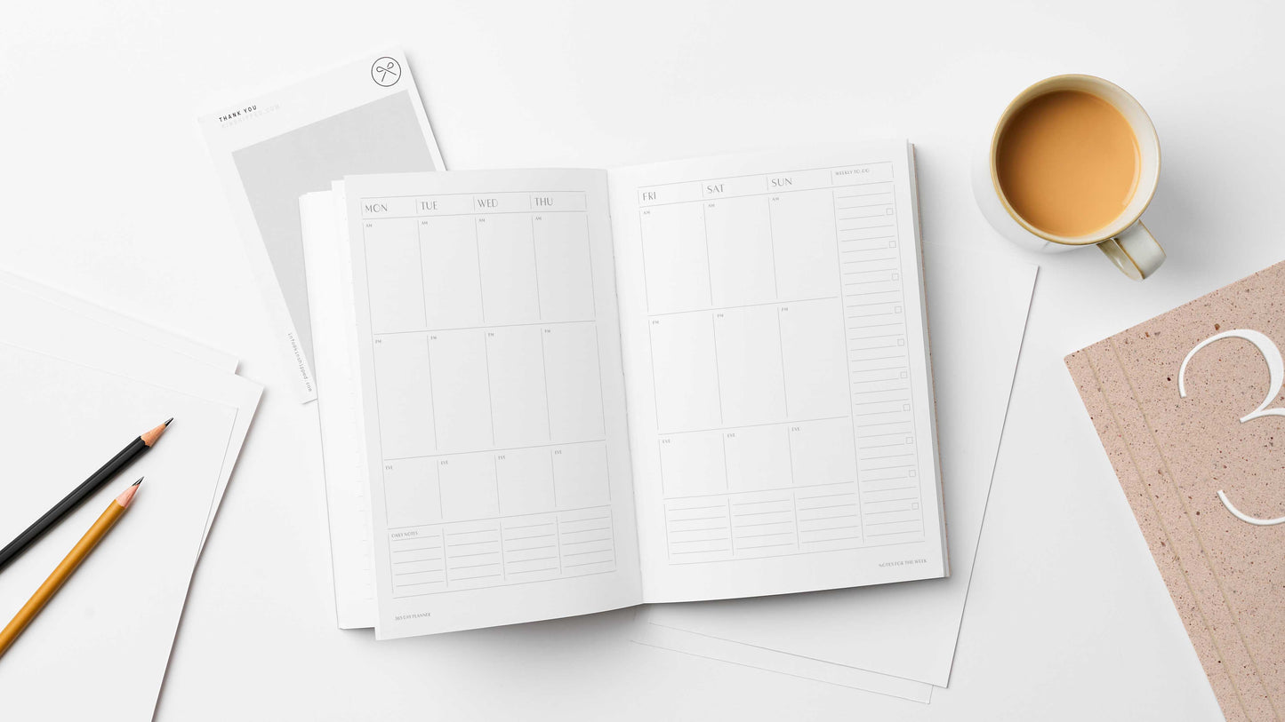 Moss green undated planner with large ‘365’ in white typeface on textured cover – minimal, modern daily planner printed in the UK.