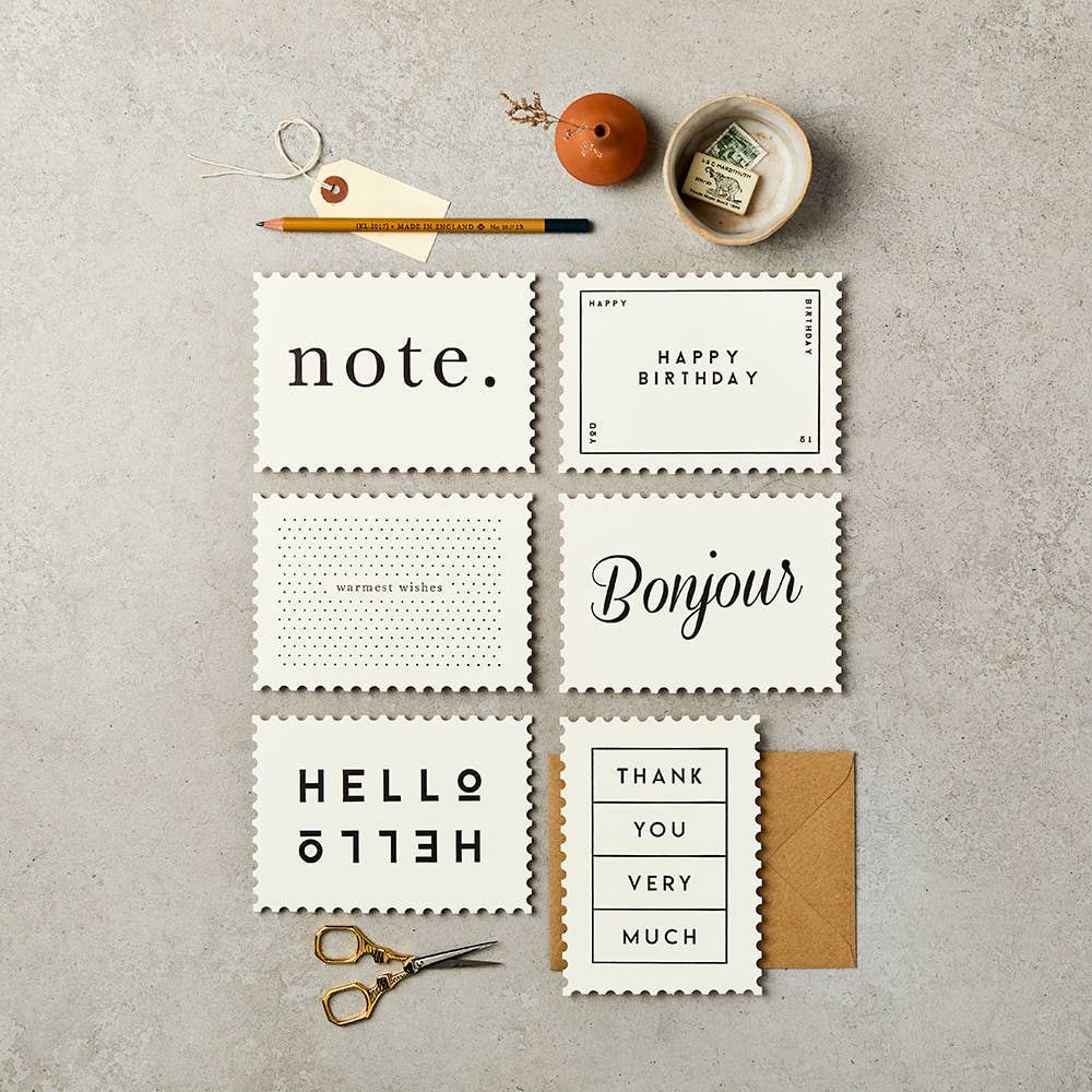Assorted Notecard Set – Katie Leamon Pack of 6 Hand-Printed A6 Cards with Kraft Envelopes