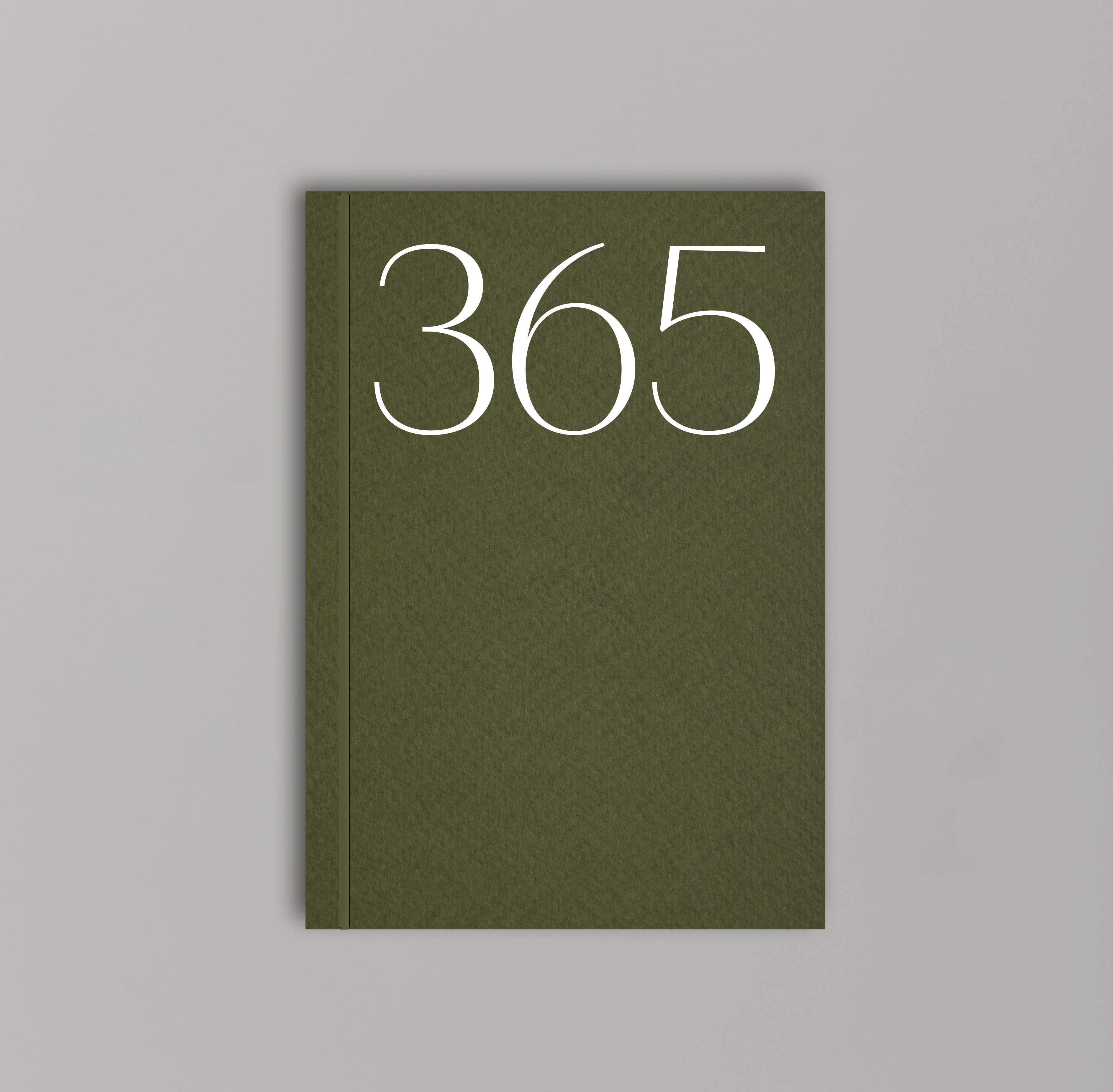 Moss green undated planner with large ‘365’ in white typeface on textured cover – minimal, modern daily planner printed in the UK.