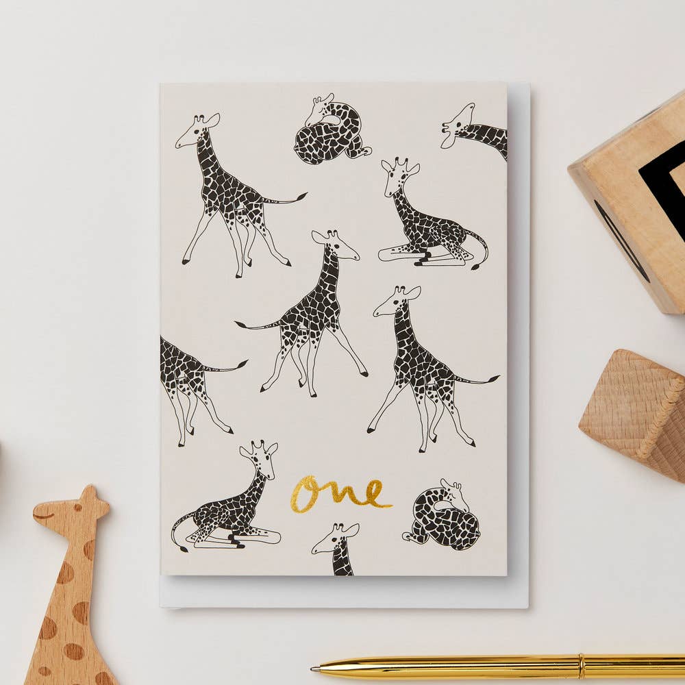 Giraffe 1st Birthday Card | Gold Foil "One"