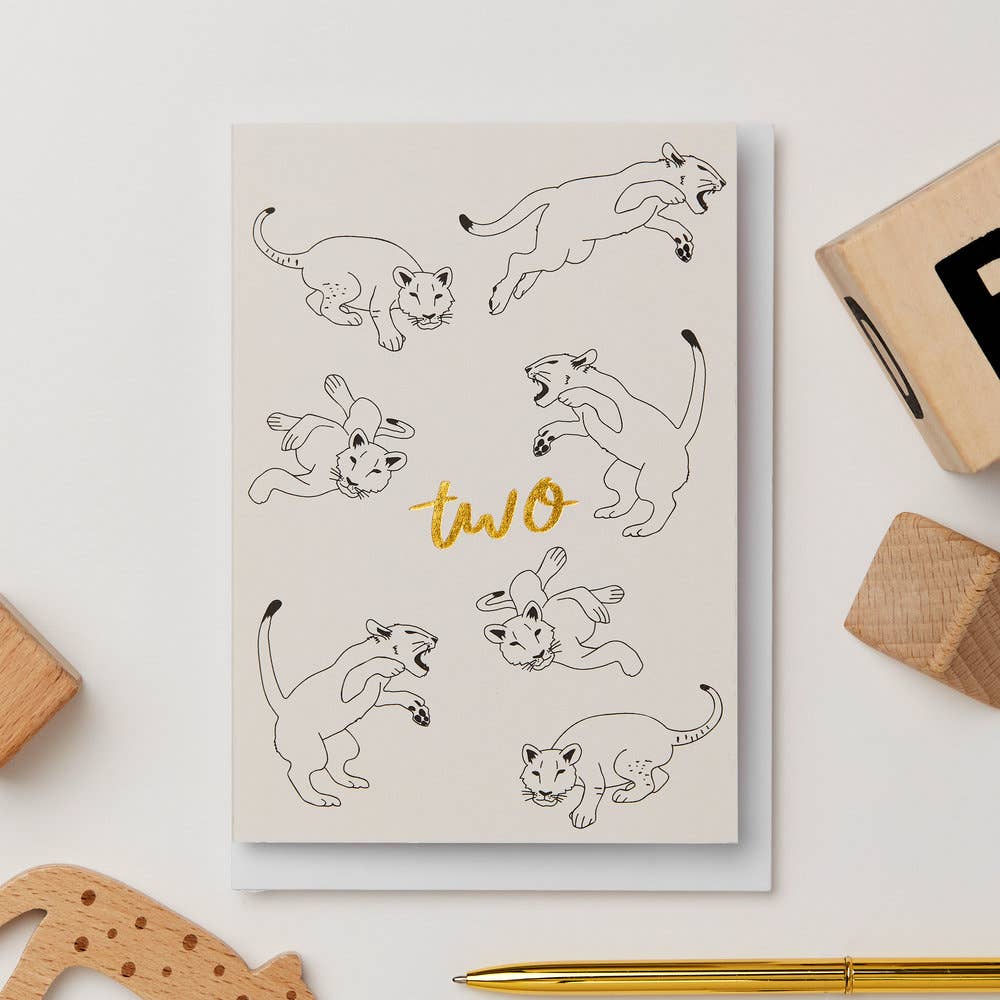 Lion Cub 2nd Birthday Card | Gold Foil "Two"
